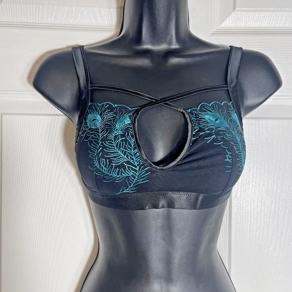 Empress‎ Mimi Peacock Feathers Bra Womens S Black Teal Embroidered Bird Bralette